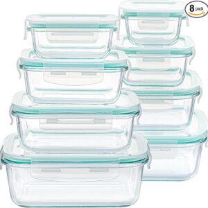 Vtopmart 8 Pack Glass Food Storage Containers with Airtight Lids, Glass Meal Prep Containers, Lunch Office Meal for Microwave, Oven, Freezer and Dishwasher, BPA Free